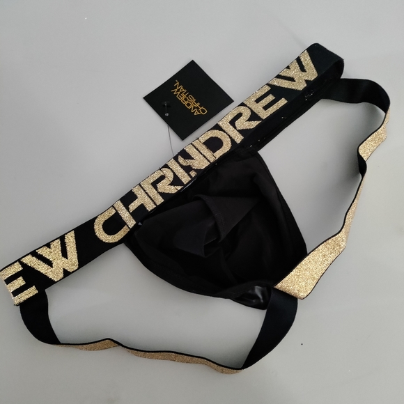 Andrew Christian jock Small Chains of Love latex look black gold SML NWT - Picture 3 of 9